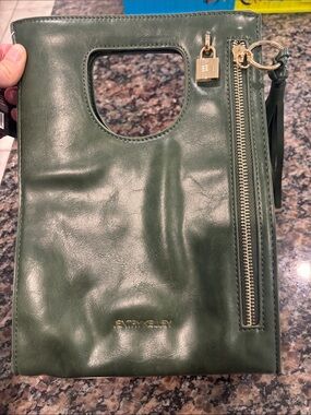 Green Leatherette Handheld Clutch with Gold Accent